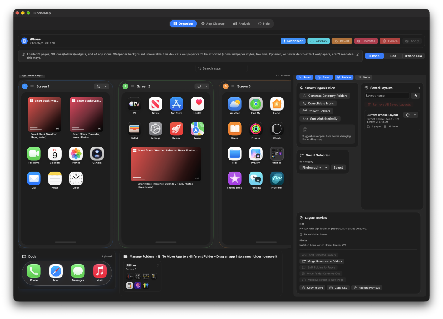 iPhoneMap for Mac showing two iPhone Home Screens, the Dock, and a Utilities folder